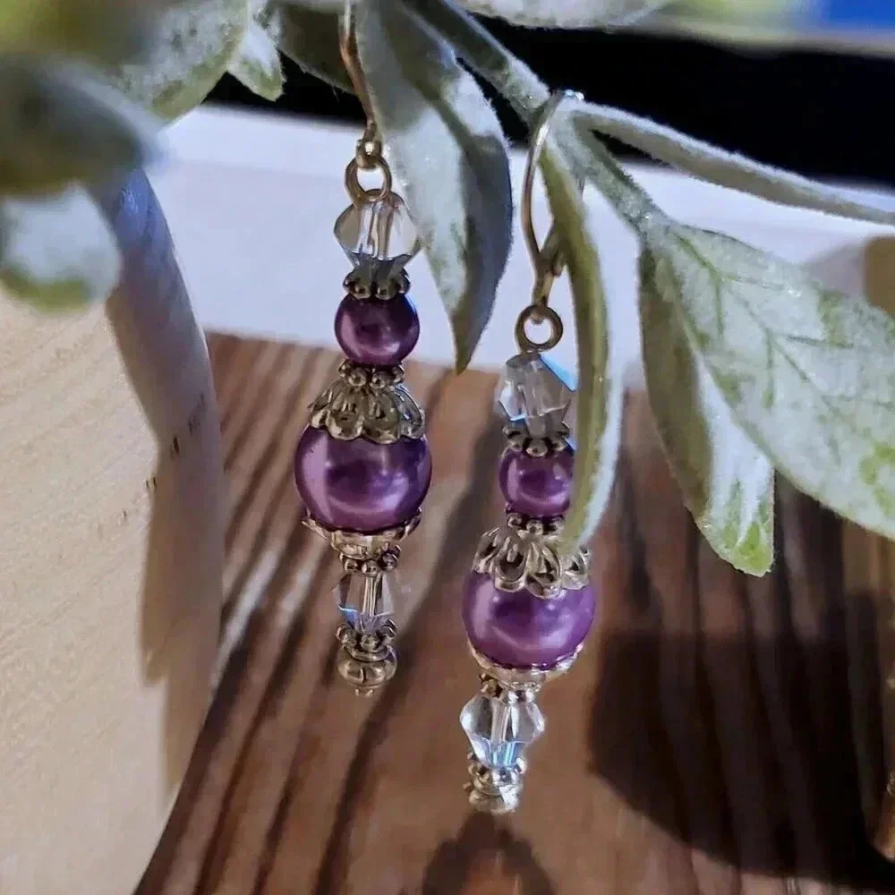 Purple Glass Pearl Sterling Silver Plated Handcrafted Dangle Earrings